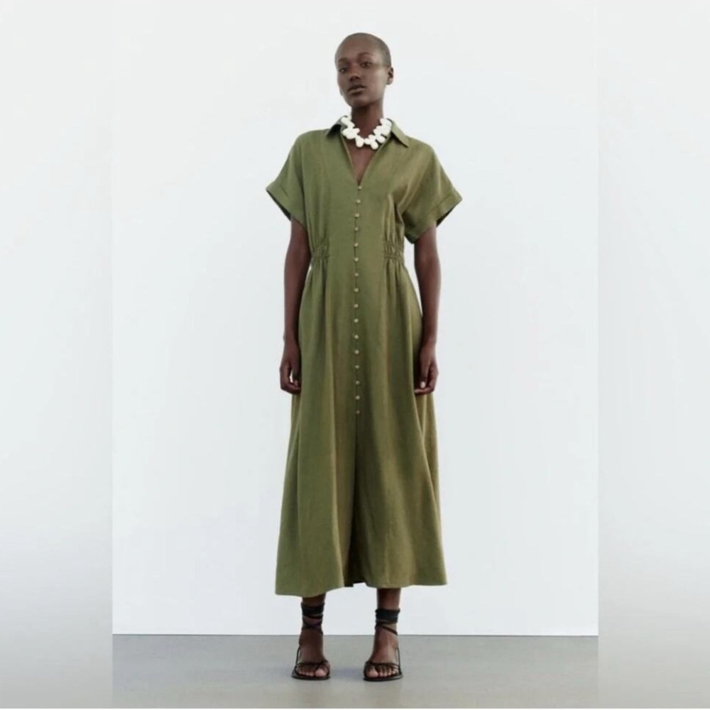 ZARA Dress Midi Shirt Wooden Button Down Olive Green Johnny Collar Elastic Waist